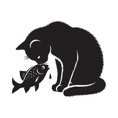 cat eating the fish silhouette vector illustration white background.