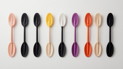 Colorful spoon utensils overhead still life arrangement on white background cooking and design