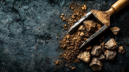 Fototapeta premium Photograph of a sample of mineral rich ore extracted from a mining site displayed on a survey mat with space for labeling and analysis