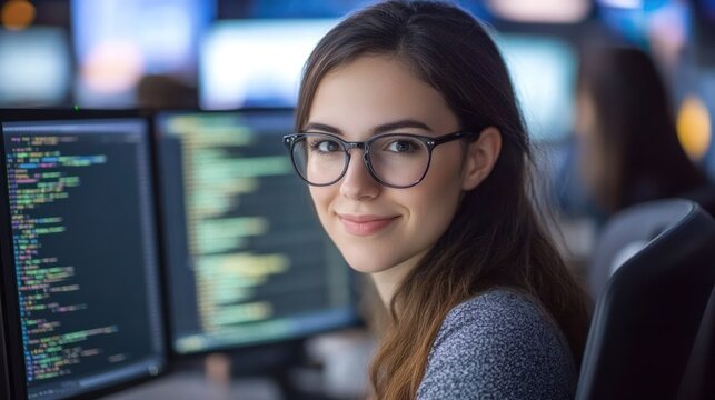 Young woman coding at computer in a tech workspace setting - Powered by Adobe