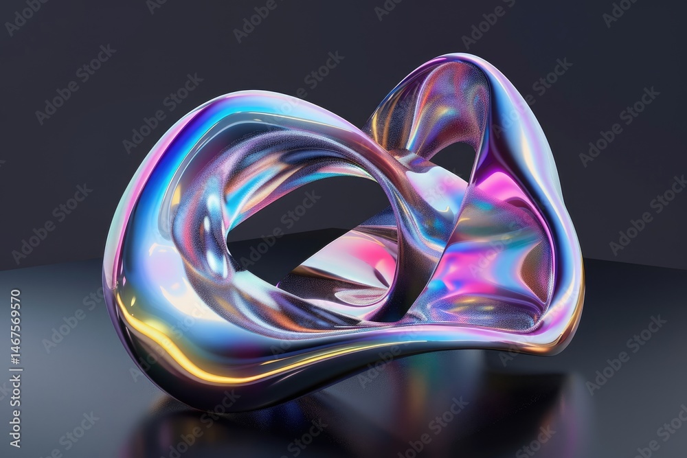 Poster the close up abstract picture of the gradient iridescent shape with the blank black background, irid