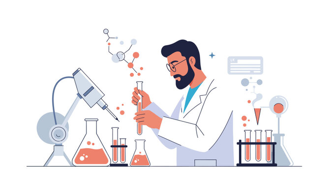 Automated laboratory setup with robotic arm beakers test tubes and molecular structure
