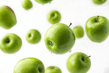 Juicy Green Apples Falling Fresh Fruit Background