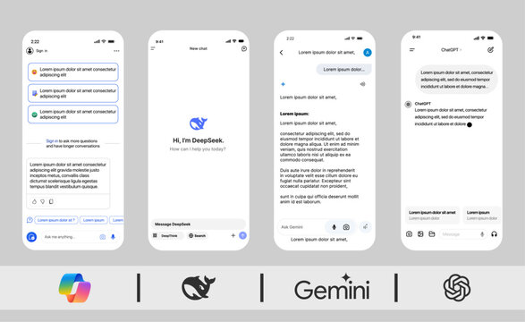 chatgpt, gemini, deepseek,copilot UI mockup 2025. ai app chatgpt, gemini, deepseek, copilot mockup template frame with iPhone 16. AI chatbot interface with conversation layout, message bubbles,