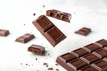 Delicious Dark Chocolate Pieces Falling on White Background Sweet Treat Indulgence