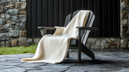 Wooden chair with blanket outdoors near a stone wall and dark wooden paneling.