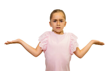 Puzzled girl shrugging with transparent background: doubting expression and uncertain pose