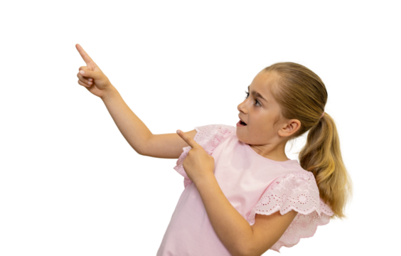 Excited girl pointing with finger on transparent background