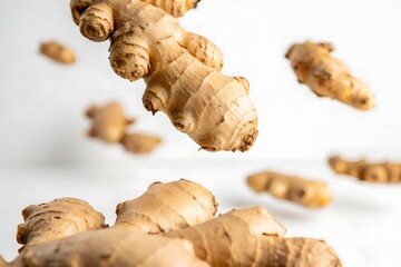Fresh Ginger Root Closeup Photography showcasing vibrant ginger pieces against a white background.