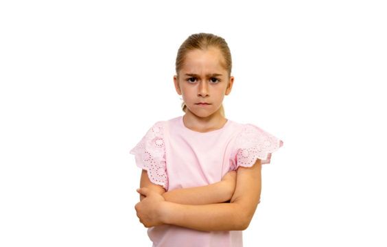 Serious young girl with crossed arms on transparent background