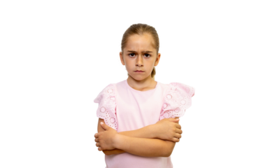 Grumpy child crossing arms showing displeasure on transparent background