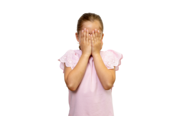 Little girl covering her face with her hands on transparent background