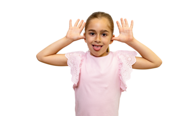Girl sticking out tongue and making funny face with hands on transparent background