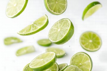 Juicy Lime Slices Falling Fresh Citrus Fruit Background