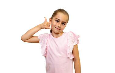 Young girl gesturing phone call on transparent background