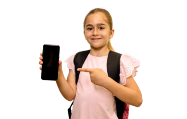 Schoolgirl pointing at smartphone with blank screen on transparent background