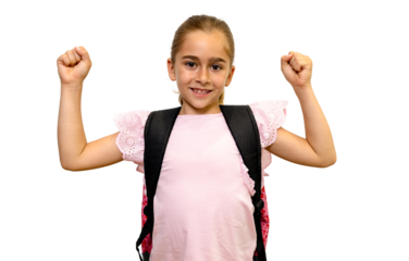 Smiling student showing strength with backpack on transparent background