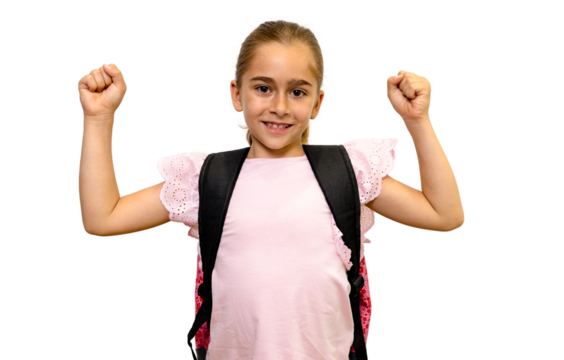 Smiling student showing strength with backpack on transparent background