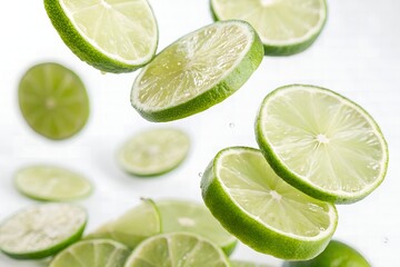 Refreshing Lime Slices Falling in Water Splashing Juicy Citrus Fruit Background