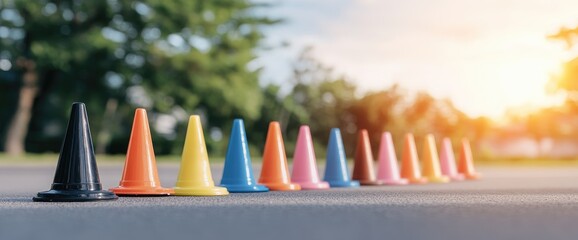 Colorful traffic cones organized in a row on asphalt surface road safety