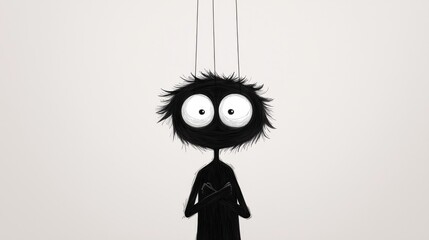Minimalist Puppet Figure with Large Eyes Suspended from Threads Against a White Background