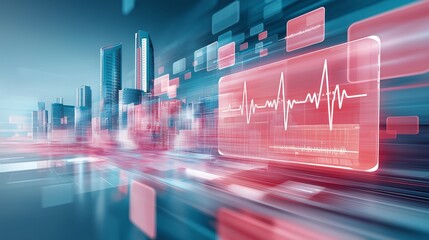 Cityscape with digital overlay displaying an electrocardiogram heartbeat and data panels over abstract lines showing speed.