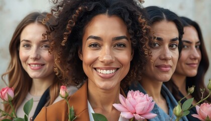 Obraz premium Four women of diverse backgrounds smile joyfully, each holding a rose, showcasing unity and empowerment in a city atmosphere