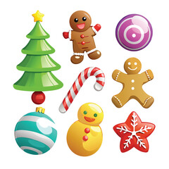 a collection of shiny, 3D-rendered Christmas icons, including a tree, gingerbread man, and candy cane