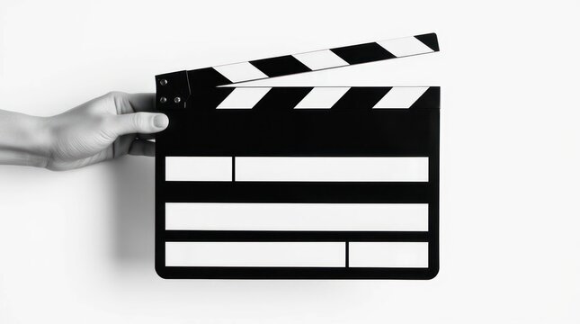 A hand holds a film slate against a white backdrop, ready for filming