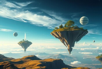 Surreal floating islands and planets in a dreamy space landscape; ample empty sky, ethereal, artwork