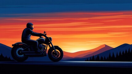 Fototapeta premium Rider on Motorcycle Against Sunset in Mountain Landscape