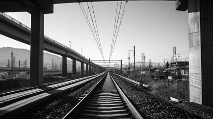 Urban railway tracks leading to horizon