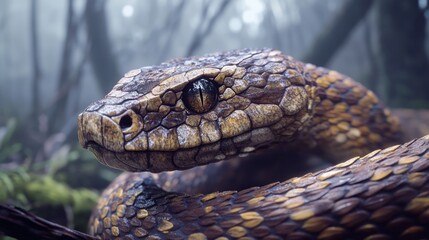 Fototapeta premium Close-up of a textured snake in a misty forest setting