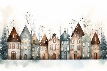 Watercolor Painting of Nordic Houses in Front of a Church During Christmas Time with Muted Color Tones