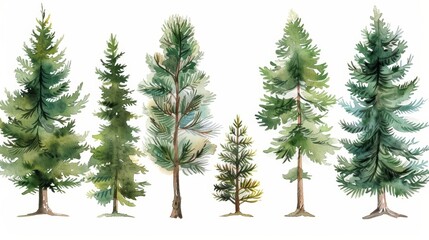 Watercolor Pine Tree Collection with White Background, Artistic Nature Illustration
