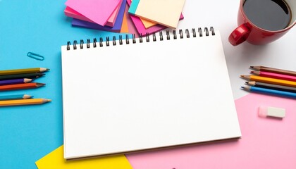 Diario de arte en blanco rodeado de pegatinas de colores y lápices con una taza de café; lugar para texto o logotipo, listo para usar, revista inspiradora