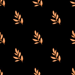 A vector seamless pattern featuring stylized orange leaves on a black background, creating a modern and elegant design suitable for textiles or wallpapers.