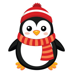 A cute penguin wearing a red hat and a striped scarf 