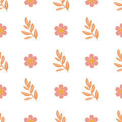 A vector seamless pattern featuring stylized flowers and leaves in soft orange and pink hues on a white background. Ideal for fabric design, wallpapers, or stationery.