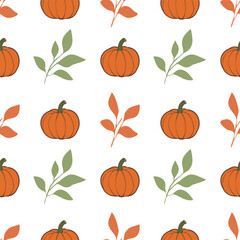 A vector seamless pattern featuring orange pumpkins, green leaves, and orange foliage on a white background, ideal for autumn-themed designs.
