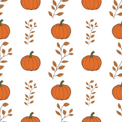 A vector seamless pattern featuring orange pumpkins and delicate leaves on a white background, perfect for autumn-themed designs.