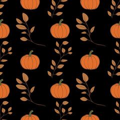 A vector seamless pattern featuring orange pumpkins and brown leaves on a black background, ideal for autumn-themed designs.