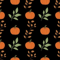 A vector seamless pattern featuring orange pumpkins and green leaves on a black background. The design is ideal for autumn-themed decorations, textiles, or seasonal crafts.