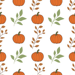 A vector seamless pattern featuring orange pumpkins and green leaves on a white background, ideal for autumn-themed designs.