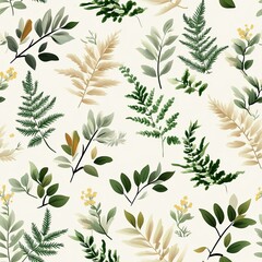 Fototapeta premium Delicate arrangement of eucalyptus and flowers in white and orange tones on a cream backdrop, perfect for modern decor SEAMLESS PATTERN