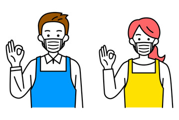 マスクをしてOKサインをするエプロン姿の男女　セット