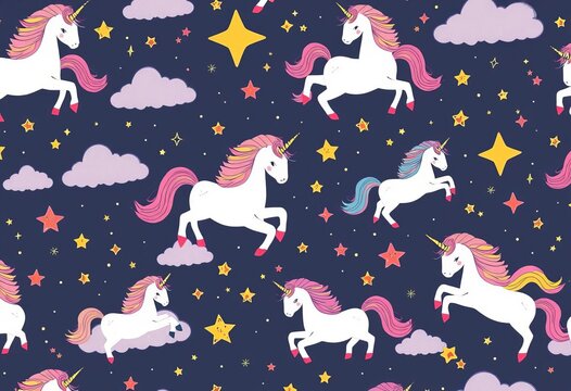 Whimsical unicorn seamless pattern, pastel rainbow colors, stars, clouds, perfect for kids' nursery, seamless pattern, stars