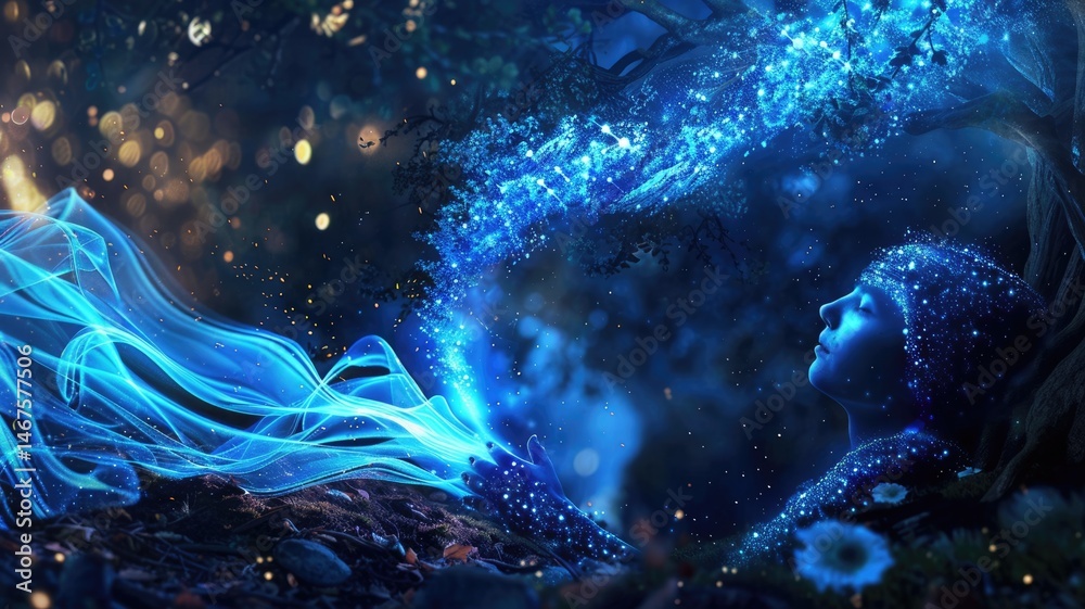 Poster abstract picture of neon light particle with digital technology style design connecting become dynam