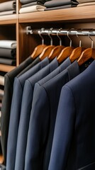 Fototapeta premium Elegant dark blue suit displayed in a sophisticated closet, illuminated by soft lighting, surrounded by other garments and shoes
