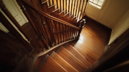 Naklejka premium Elegant wooden staircase winding down in a classic interior